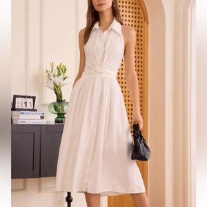 Rihoas White Collared Twist Backless Midi Dress